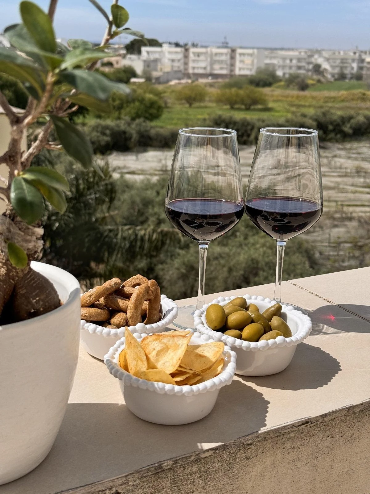 Due calici sulla terrazza con vista sui dintorni